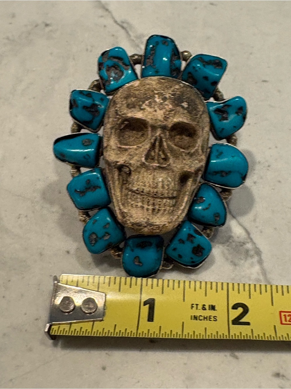 Silver, Turquoise & Resin Skull Statement Ring Xxl - Picture 6 of 7